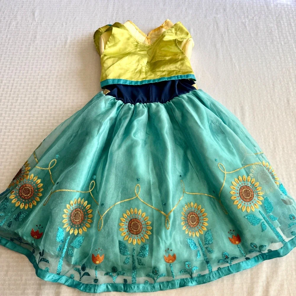 Disney Parks Frozen Fever Anna Costume Dress Sunflower Girls Size S 7-8 Teal - Picture 3 of 16